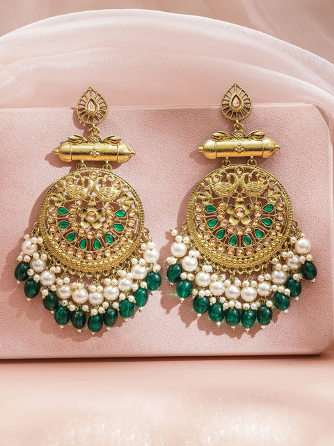 Rubans 18K Antique Gold-Plated Pearl and Green Studded & Beaded Big Chandbali Earring - Image 2