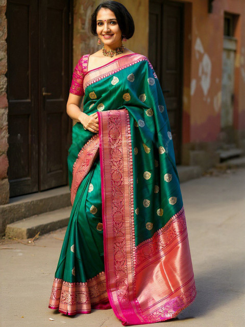 VILLE FASHION Green Art Silk Woven Design Kanjeevaram Sarees