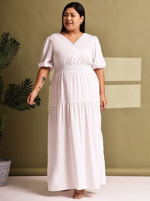 theRebelinme Plus Size Puff Sleeves Smocked Tiered Wrap Maxi Dress