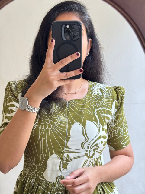 AURIPRX FASHION Women Olive Green Viscose Rayon Floral Printed Anarkali Kurta - Image 6