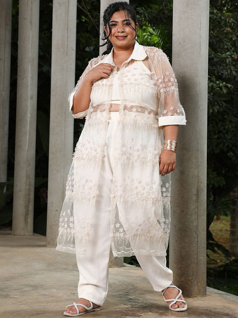 Instafab Plus Embroidered Shoulder Strap Crop Top With Shrug & Trousers