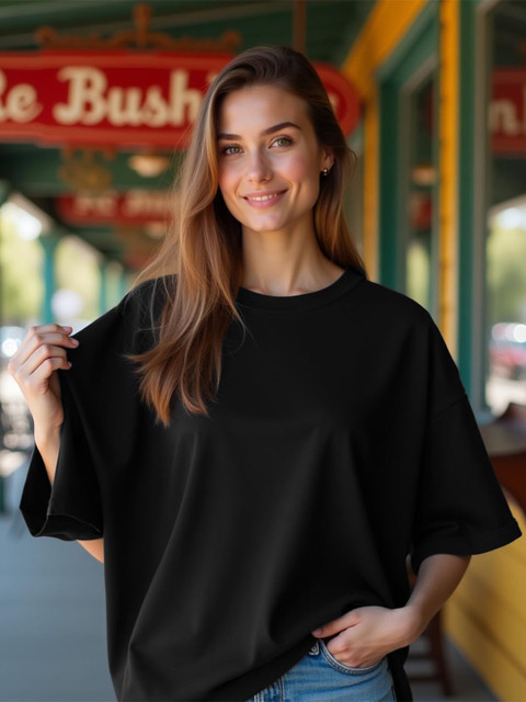 Leotude Women Solid Round Neck Cotton Oversized T-shirt