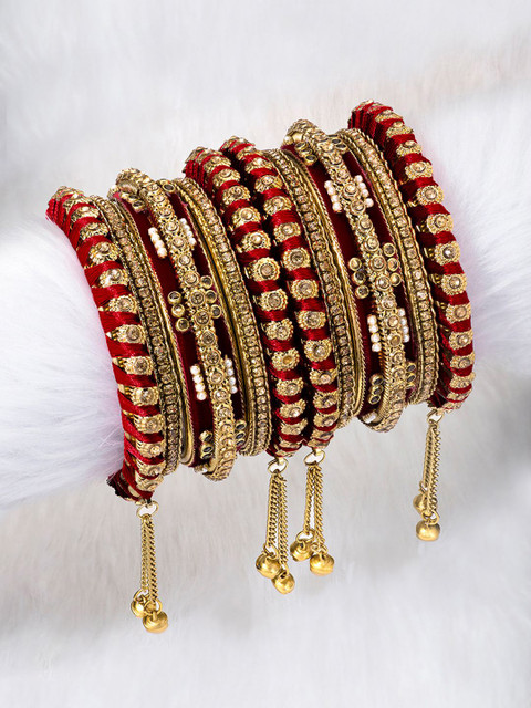 Peora Set Of 12 Gold-Plated Kundan Studded & Ghungroo Beaded Bangles