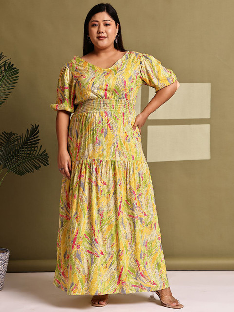 theRebelinme Women Plus Size Floral Printed Tiered V-Neck Maxi Dress
