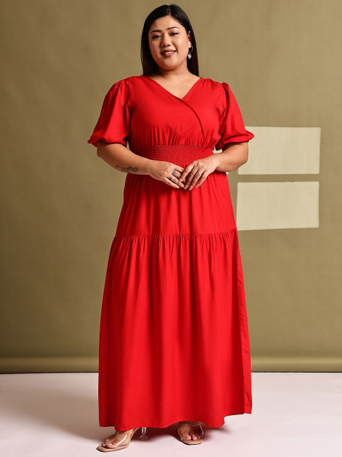 theRebelinme Women Plus Size V-Neck Puff Sleeve Smocked Detail Fit and Flare Dress