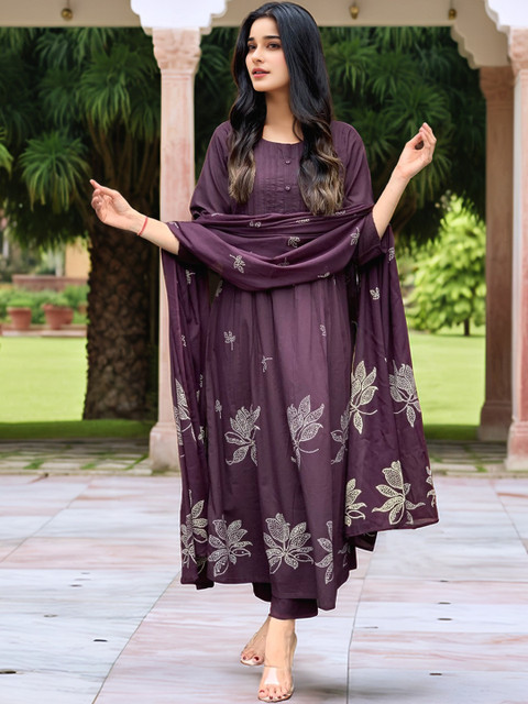 Aaghnya Women Viscose Rayon Printed Kurta Sets With Dupatta