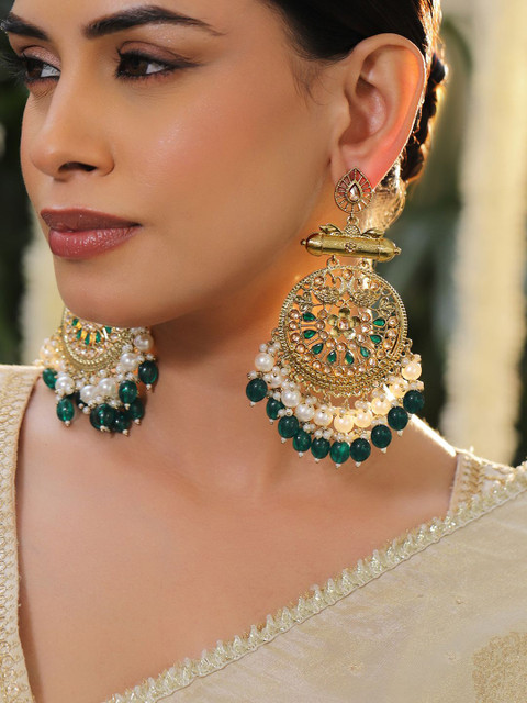 Rubans 18K Antique Gold-Plated Pearl and Green Studded & Beaded Big Chandbali Earring