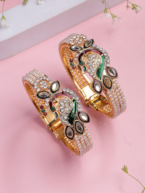 Sukkhi Set Of 2 18K Gold Plated Diamond Studded & Beaded Peacock Shaped Meenakari Bangles