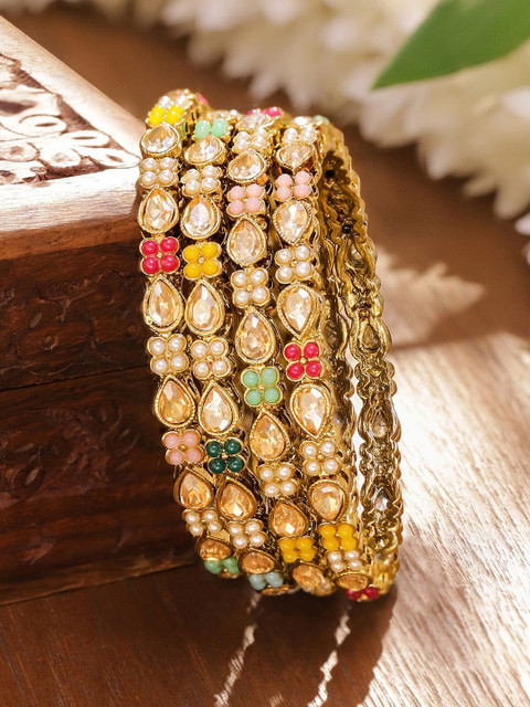 Rubans Set of 4 Antique 18K Gold-Plated Kundan & Pearl Studded Multicolor Floral Bangles