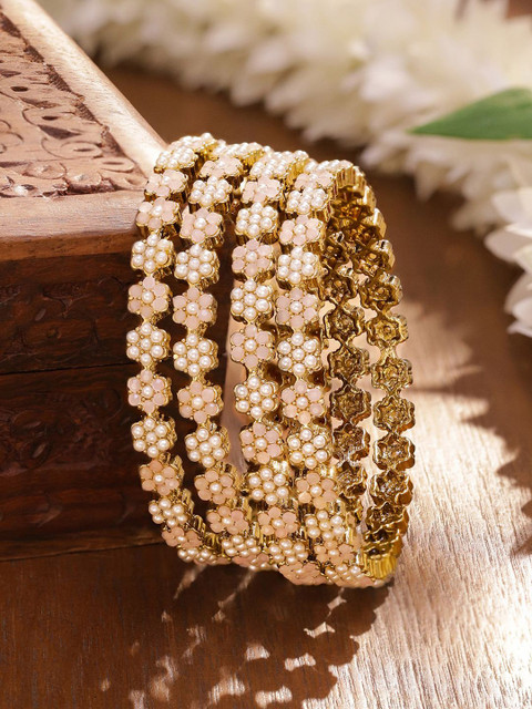 Rubans Set of 4 24K Gold-Plated Light Peach Floral & Pearl Beaded Handcrafted Bangles