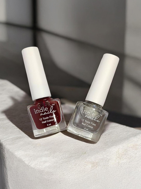 Indie Nails Women Pack of 2 Cherry & Silver High Shine Nail Paint