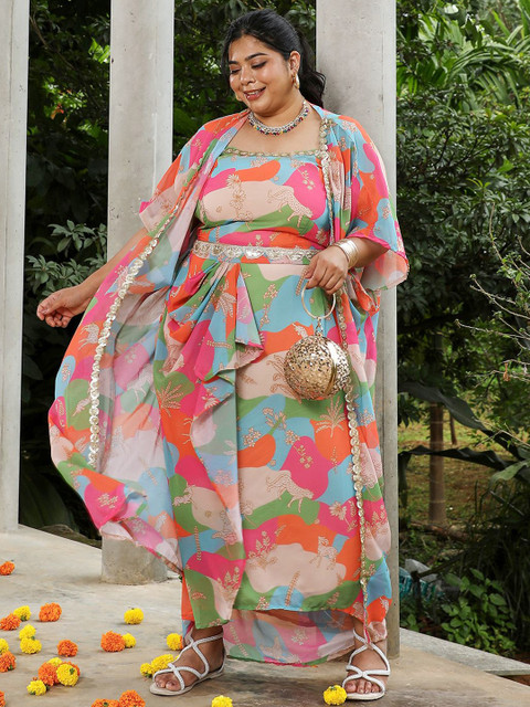 Instafab Plus Size Floral Printed Bubblegum Bohemian Romance Top & Skirt With Jacket