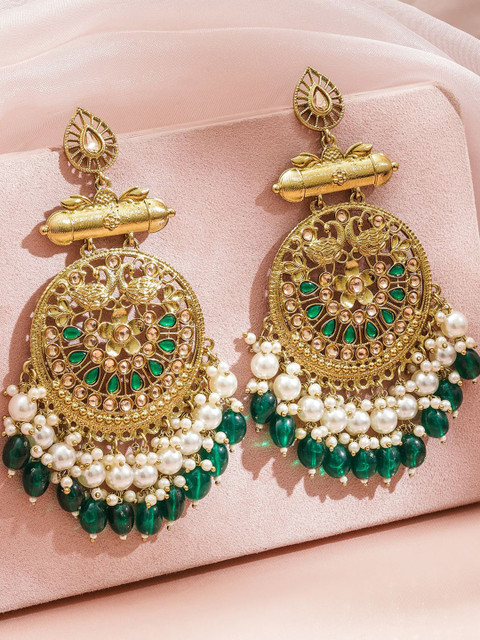 Rubans 18K Antique Gold-Plated Pearl and Green Studded & Beaded Big Chandbali Earring - Image 4