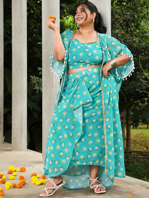 Instafab Plus Size Floral Printed Bubblegum Bohemian Romance Top & Skirt With Jacket
