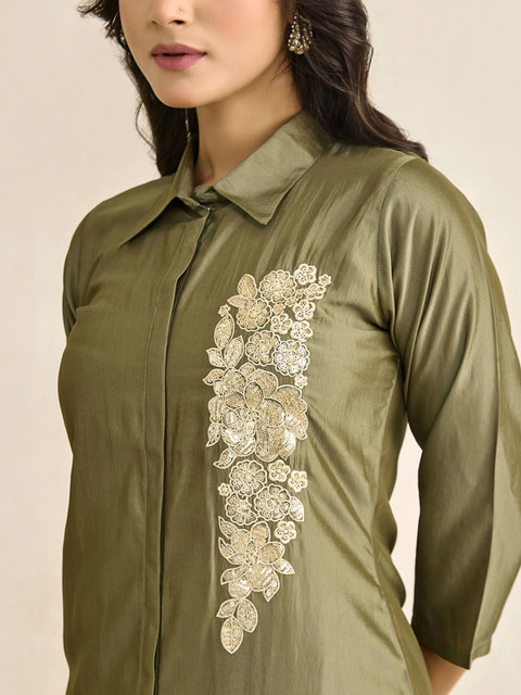 WOMEN PLUS Moh Collection Plus Size Embroidered Shirt Collar Tunic With Trousers Co-Ords - Image 2