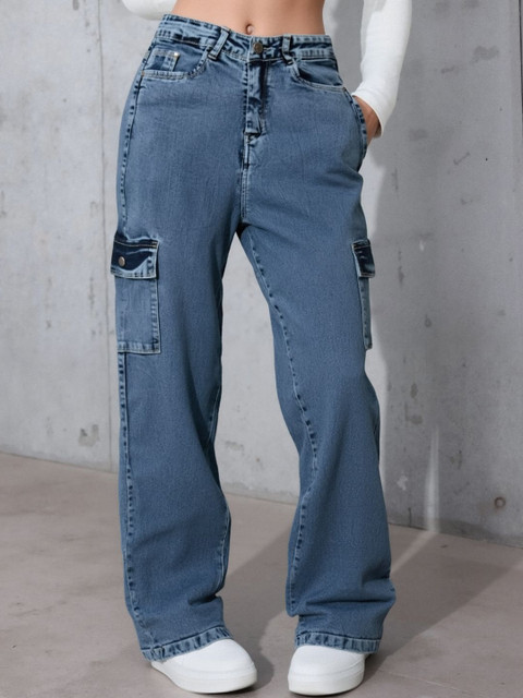 Hayler Women Jean Wide Leg Mid-Rise Light Fade Stretchable Cargo Jeans