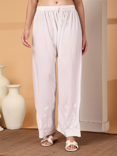 KHAKA Women Floral Hem Design Straight Handloom Palazzos