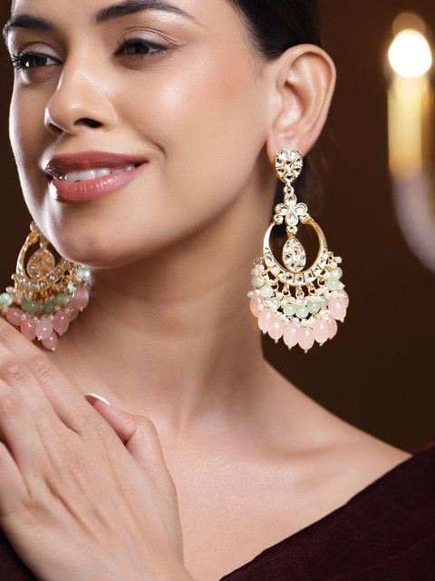 Rubans 18K Gold-Plated Kundan Studded Pastel Pink & Green Bead Big Chandbali Earrings