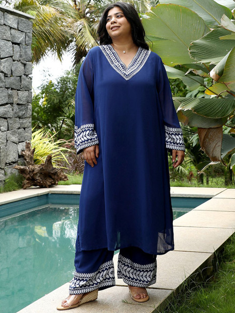 Instafab Plus Size Floral Printed V-Neck Georgette Straight Kurta With Trousers