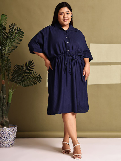 theRebelinme Women Plus Size Shirt Collar Kimono Sleeve A-Line Midi Dress