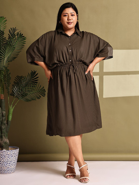 theRebelinme Women Gathered Linen Shirt Collar Plus Size A-Line Midi Dress