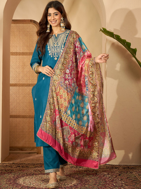 Sangria Women Silk Blend Embroidered Kurta Sets With Dupatta