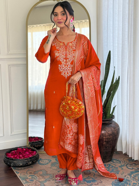 KALINI Women Art Silk Embroidered Kurta Sets With Dupatta