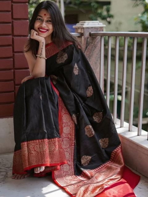 CaniBani Black Silk Blend Banarasi Sarees