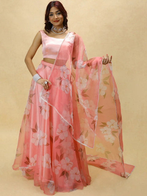 KALINI Women Red Printed Semi-Stitched Lehenga & Ready to Wear Blouse With Dupatta - Image 6