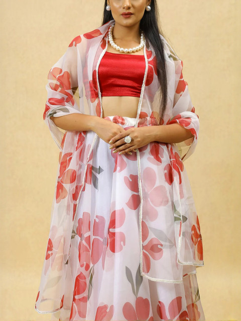 KALINI Women White Printed Semi-Stitched Lehenga & Ready to Wear Blouse With Dupatta - Image 4