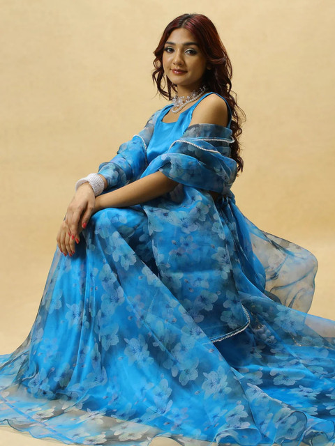 KALINI Women Blue Floral Printed Semi-Stitched Organza Lehenga Choli