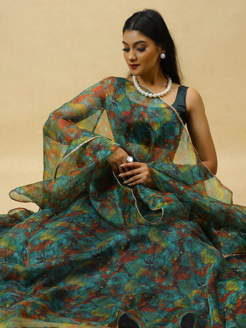 KALINI Women Green Printed Semi-Stitched Lehenga & Ready to Wear Blouse With Dupatta