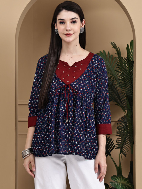 KALINI Women Pure Cotton Jaipuri Printed Short Top