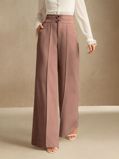 SAKHWALA Women Relaxed Straight Leg Loose Fit High-Rise Wrinkle Free Pleated Trouser