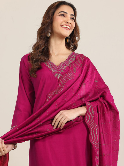 Gerua By Libas Ethnic Motifs Yoke Design Straight Sequinned Kurta With Trousers & Dupatta