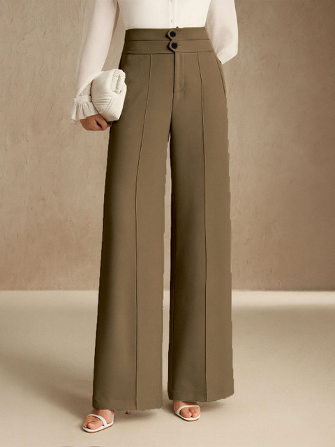 SAKHWALA Women Relaxed Straight Leg Loose Fit High-Rise Wrinkle Free Trousers