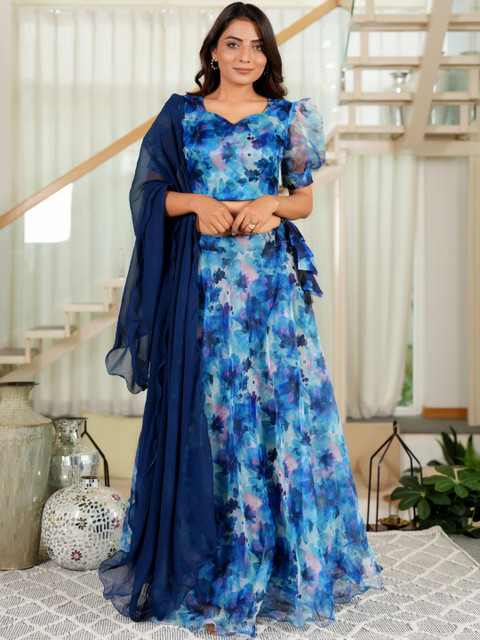 KALINI Women Blue Printed Semi-Stitched Organza Lehenga & Blouse With Dupatta