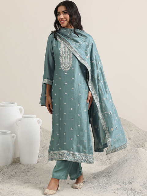 Libas Ethnic Motifs Embroidered V-Neck Sequinned Republic Day Kurta With Trouser & Dupatta