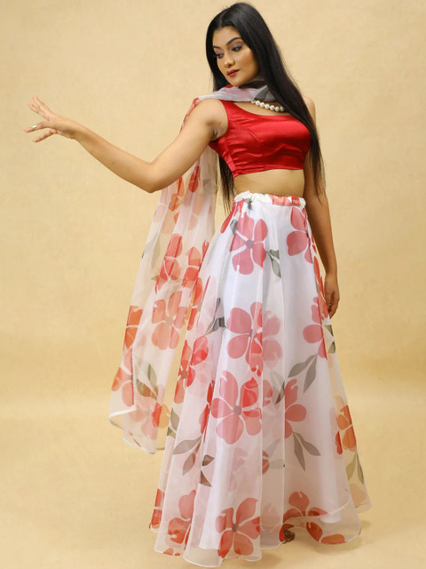 KALINI Women White Printed Semi-Stitched Lehenga & Ready to Wear Blouse With Dupatta - Image 7