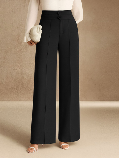 SAKHWALA Women Relaxed Straight Leg Loose Fit High-Rise Wrinkle Free Trousers