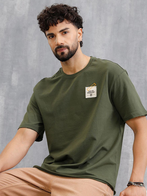 WROGN Men Solid Round Neck Cotton Relaxed Fit T-shirt