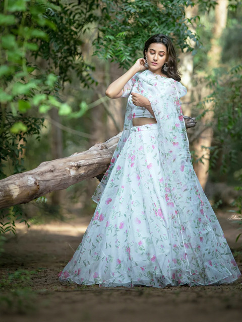 KALINI Designer Sky Floral Semi Stiched Organza Lehenga Choli