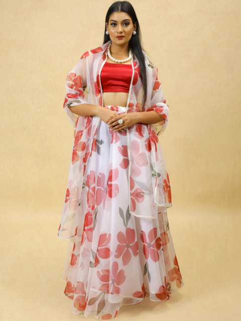 KALINI Women White Printed Semi-Stitched Lehenga & Ready to Wear Blouse With Dupatta - Image 2