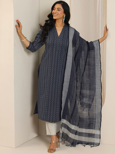 Libas Chevron Woven Design V Neck Straight Kurta With Trousers & Dupatta