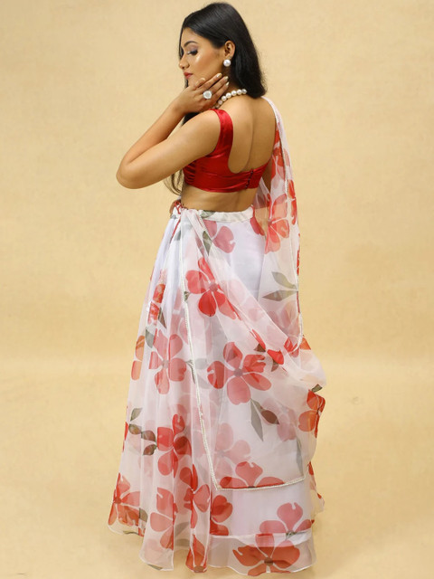 KALINI Women White Printed Semi-Stitched Lehenga & Ready to Wear Blouse With Dupatta - Image 6