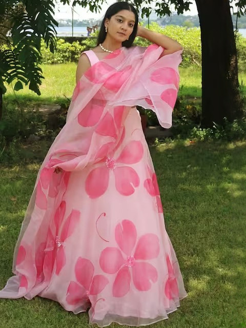 KALINI Women Organza Floral Printed Semi-Stitched Lehenga & Unstitched Blouse With Dupatta