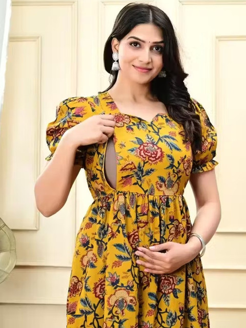 Assume Fab Floral Printed Sweetheart Neck Maternity Fit and Flare Midi Ethnic Dress