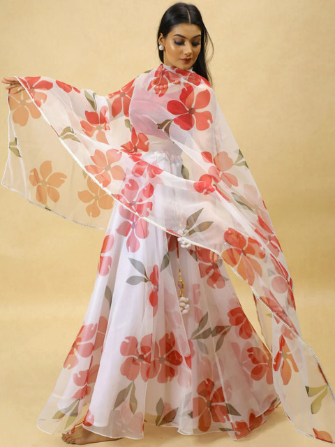 KALINI Women White Printed Semi-Stitched Lehenga & Ready to Wear Blouse With Dupatta