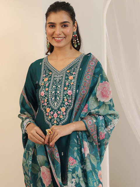 Libas Women Floral Embroidered Regular Thread Work Kurta with Trousers & Dupatta