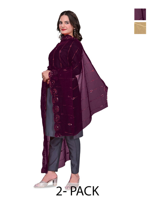 Kemza Pack Of 2 Geometric Embroidered Organza Dupatta With Sequinned